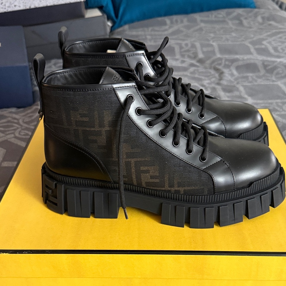 Fendi Black Logo Lace-Up Chunky Ankle Boots